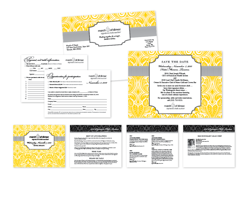 fundraiser // invitation + reply card + 120-page auction book + event signage