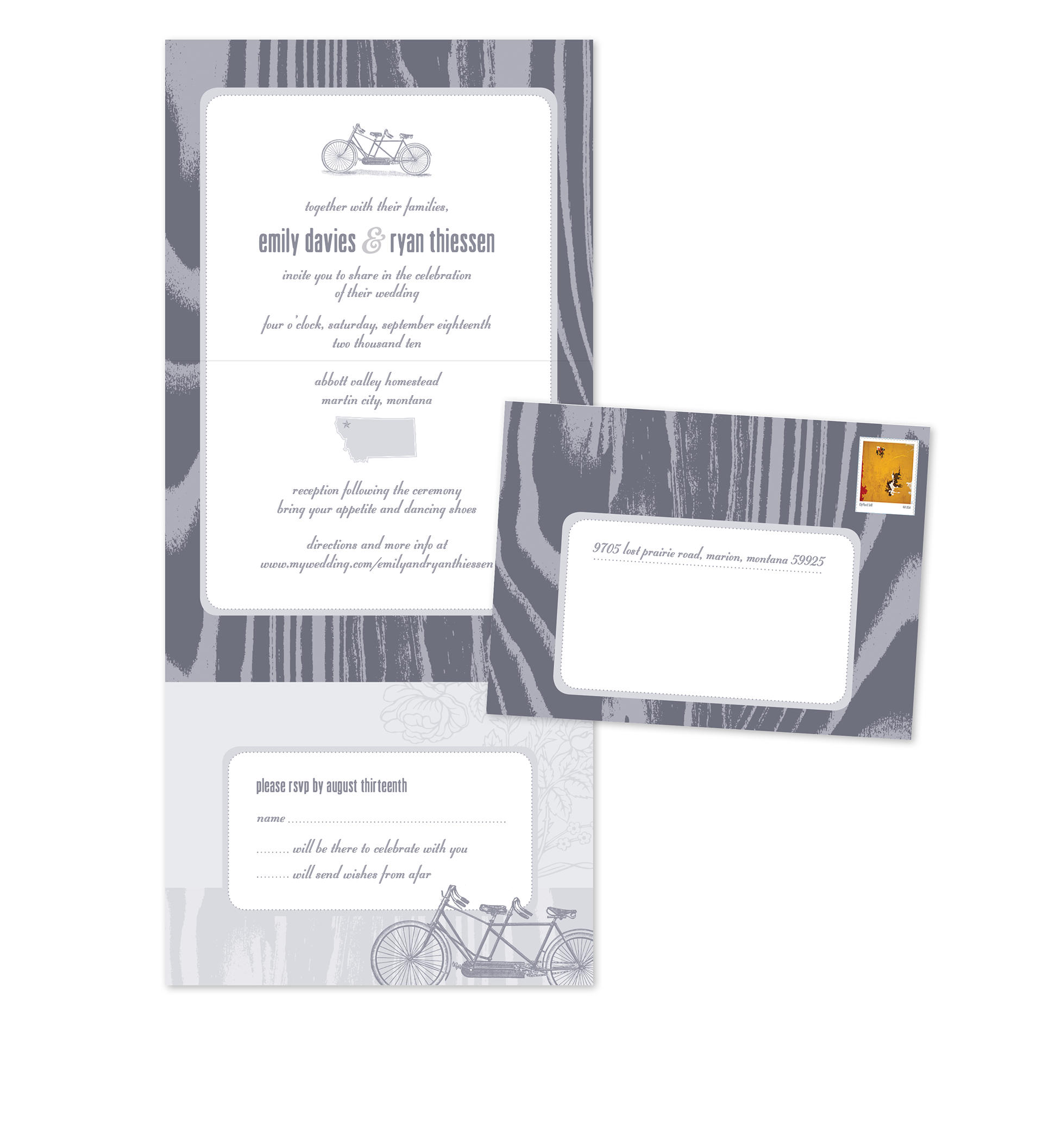 wedding // tri-fold self-mailer invitation with tear-off reply card