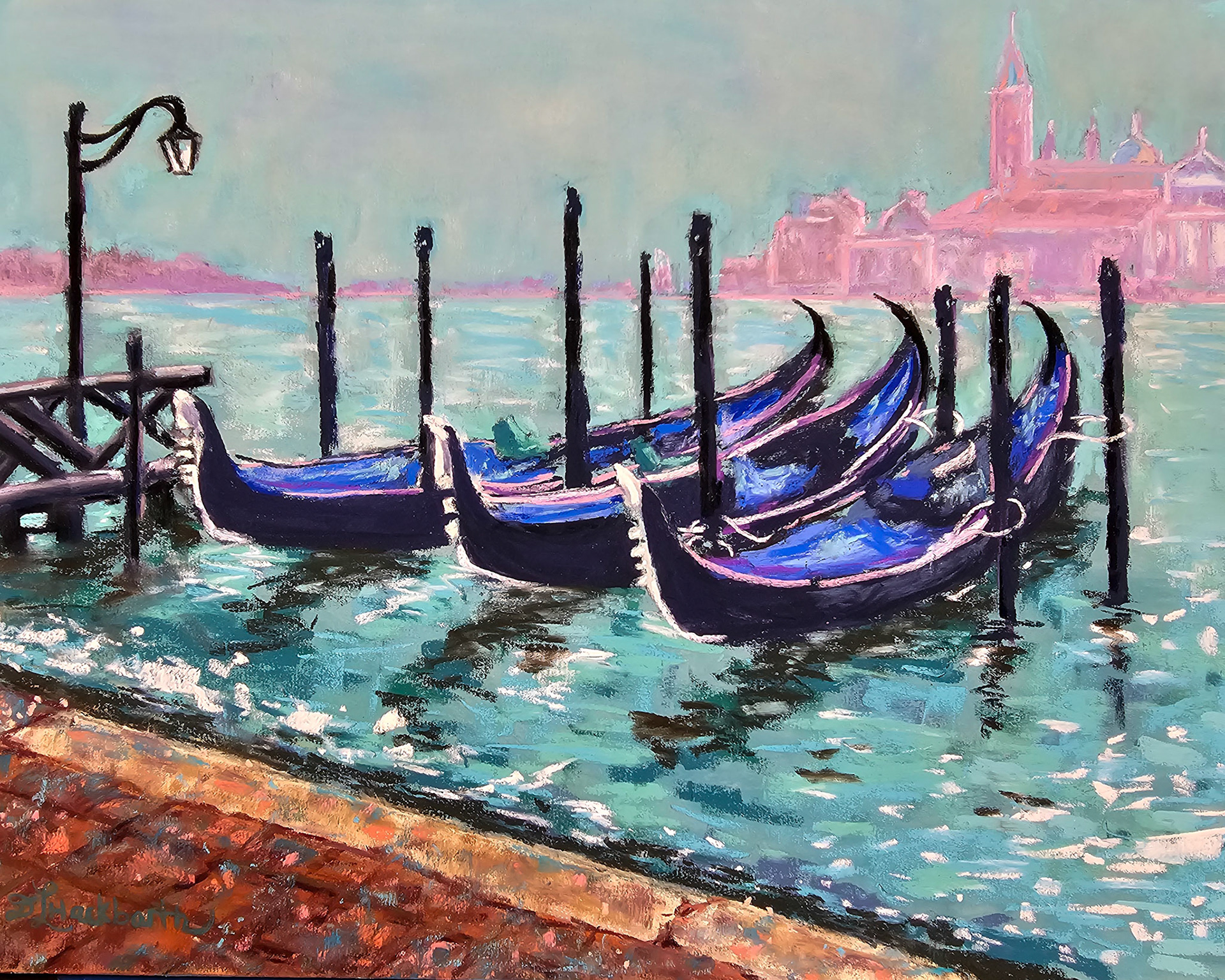Venice Gondolas 12 x 16 Uart with blue-violet underpainting