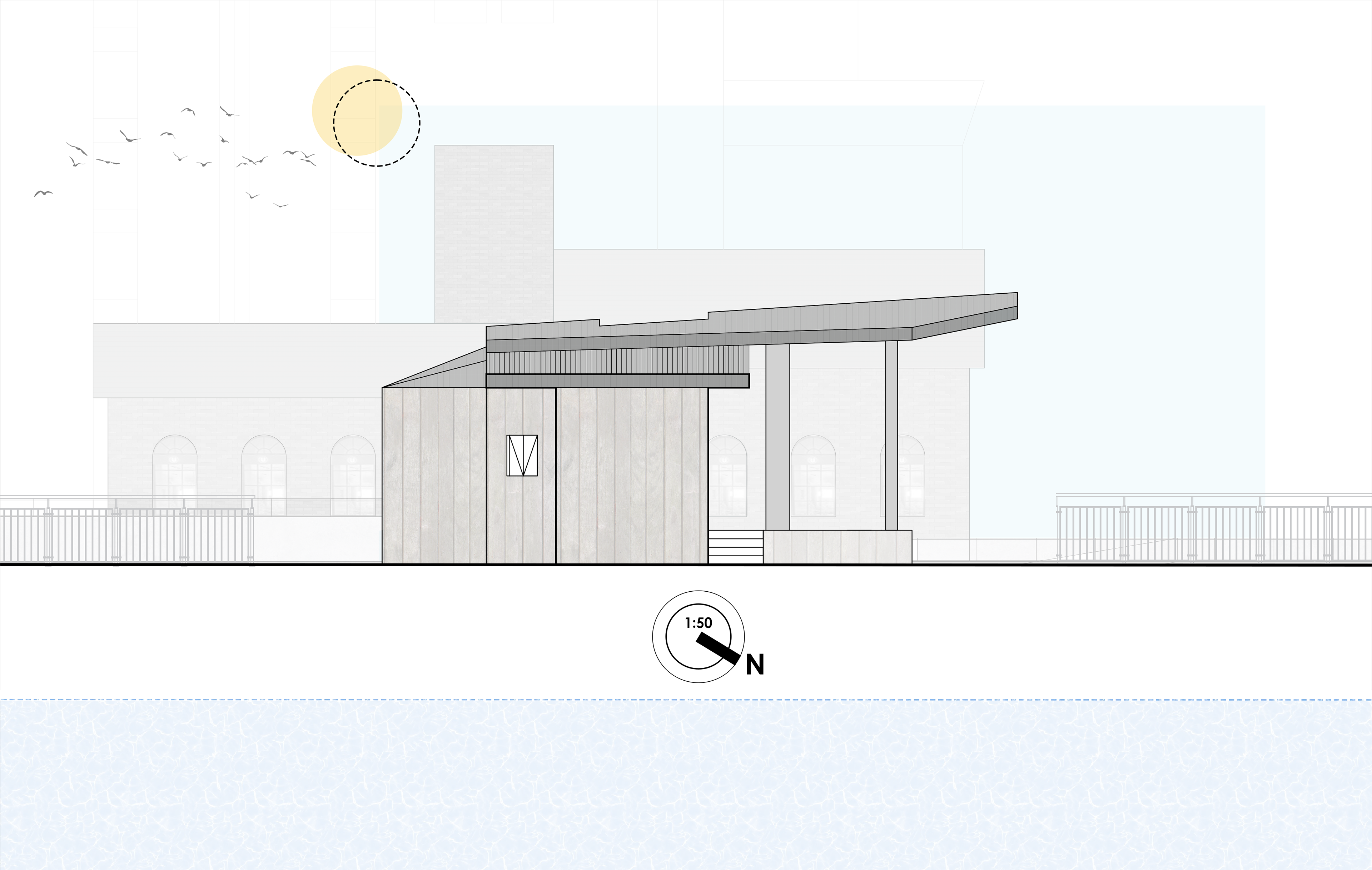 Side Elevation Facade showcasing protruding roof