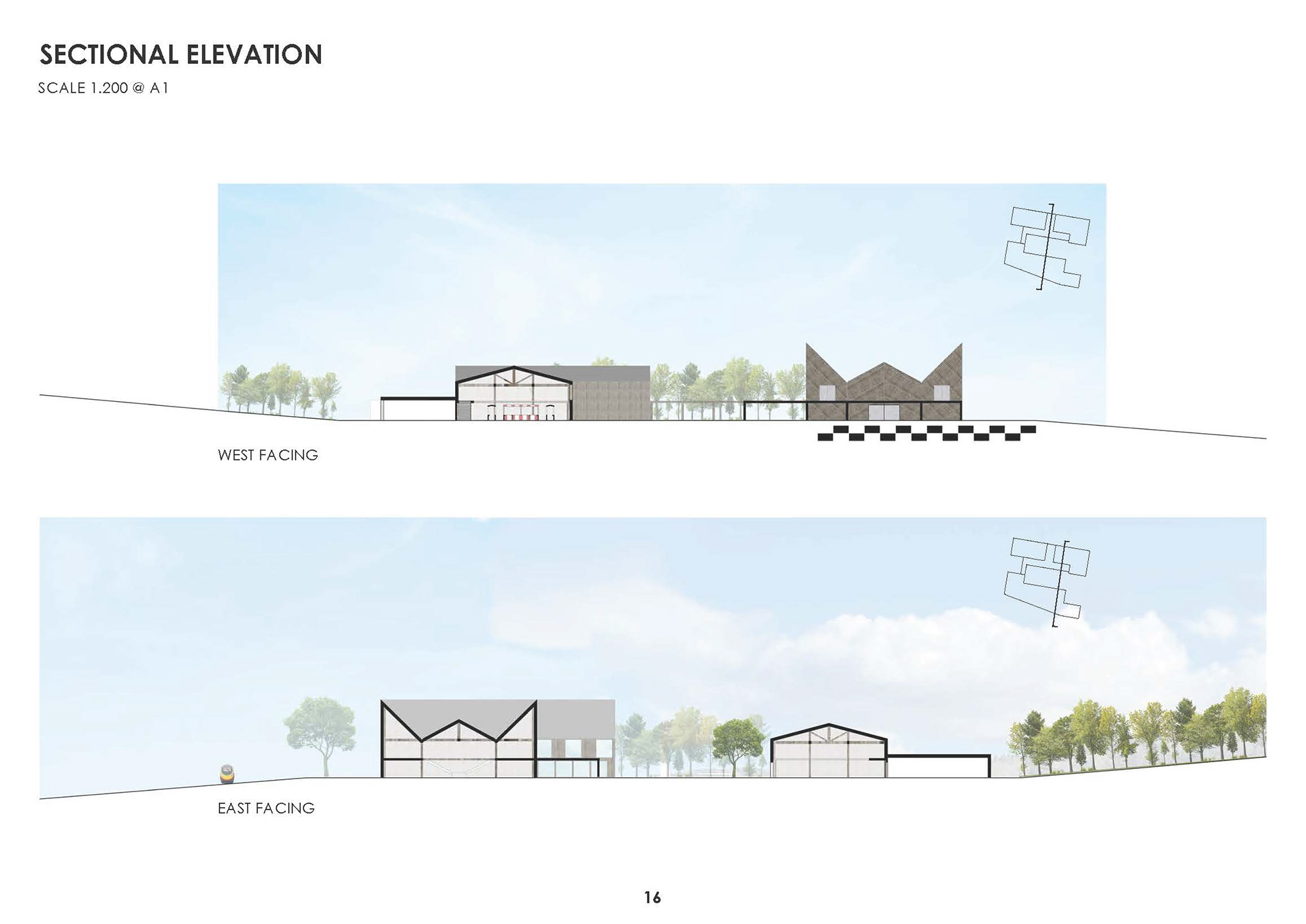 Long Sections highlighting Dramatic Roof Structures