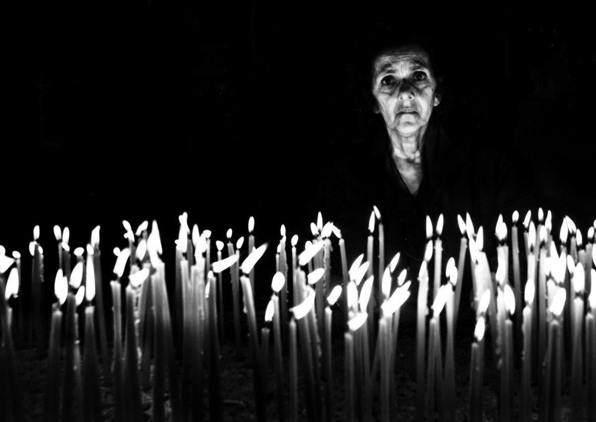 Mantamados Village, Lesvos. Black dressed woman in a monastery 
