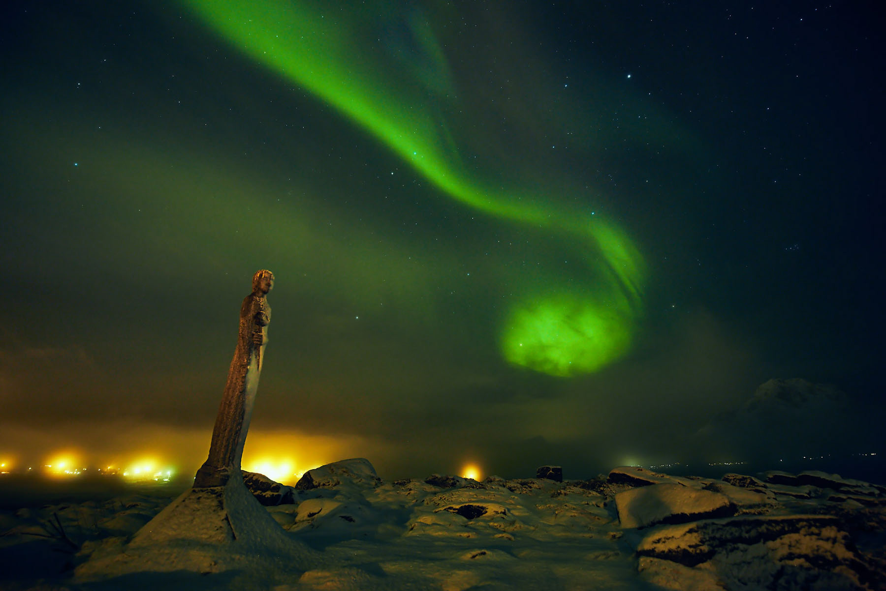 "Lady gazing at the sky" shot in Lofoten Islands during winter.
