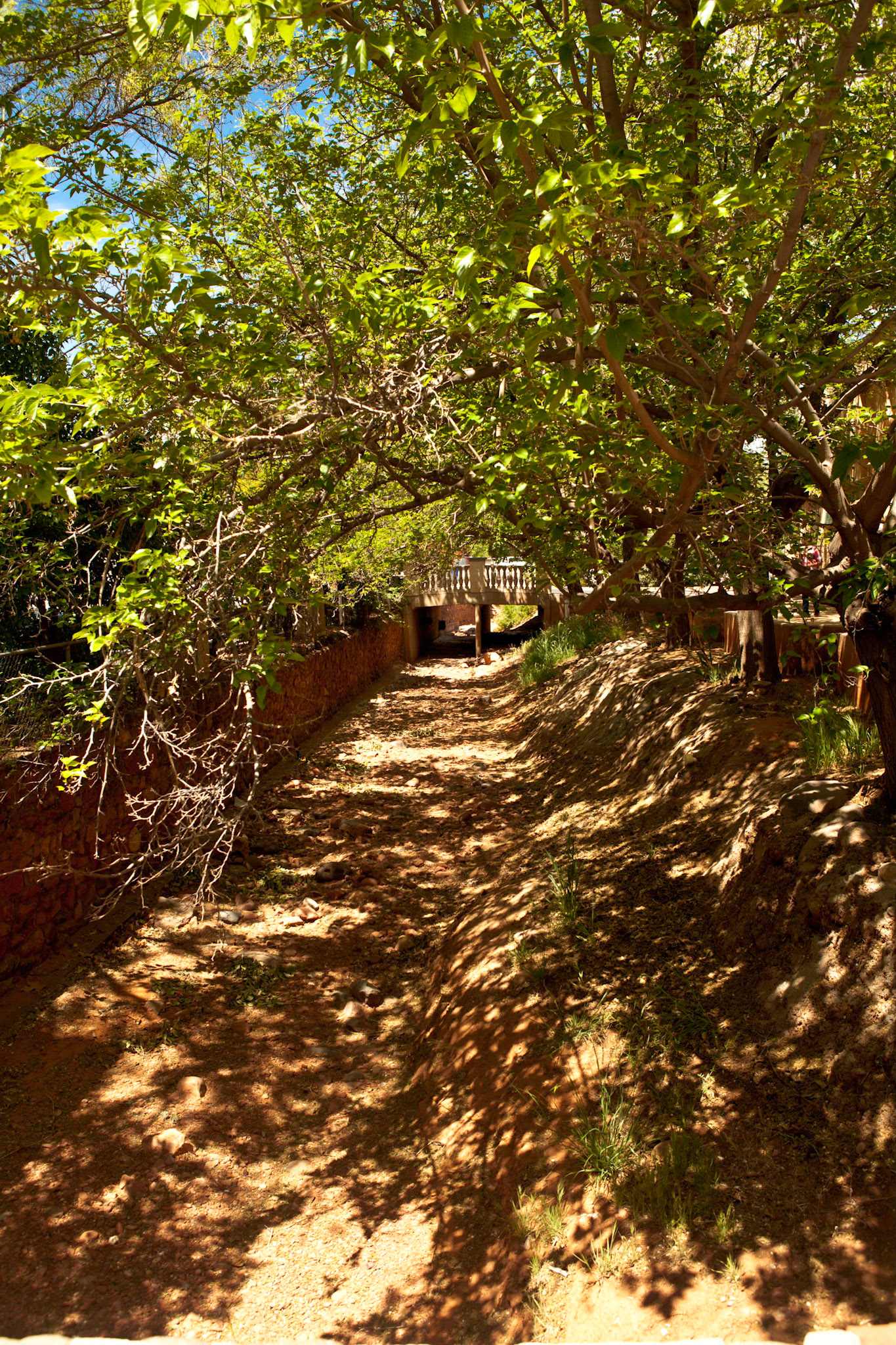 A tree-covered wash leads under a pedestrian walkway at Tlaquepaque