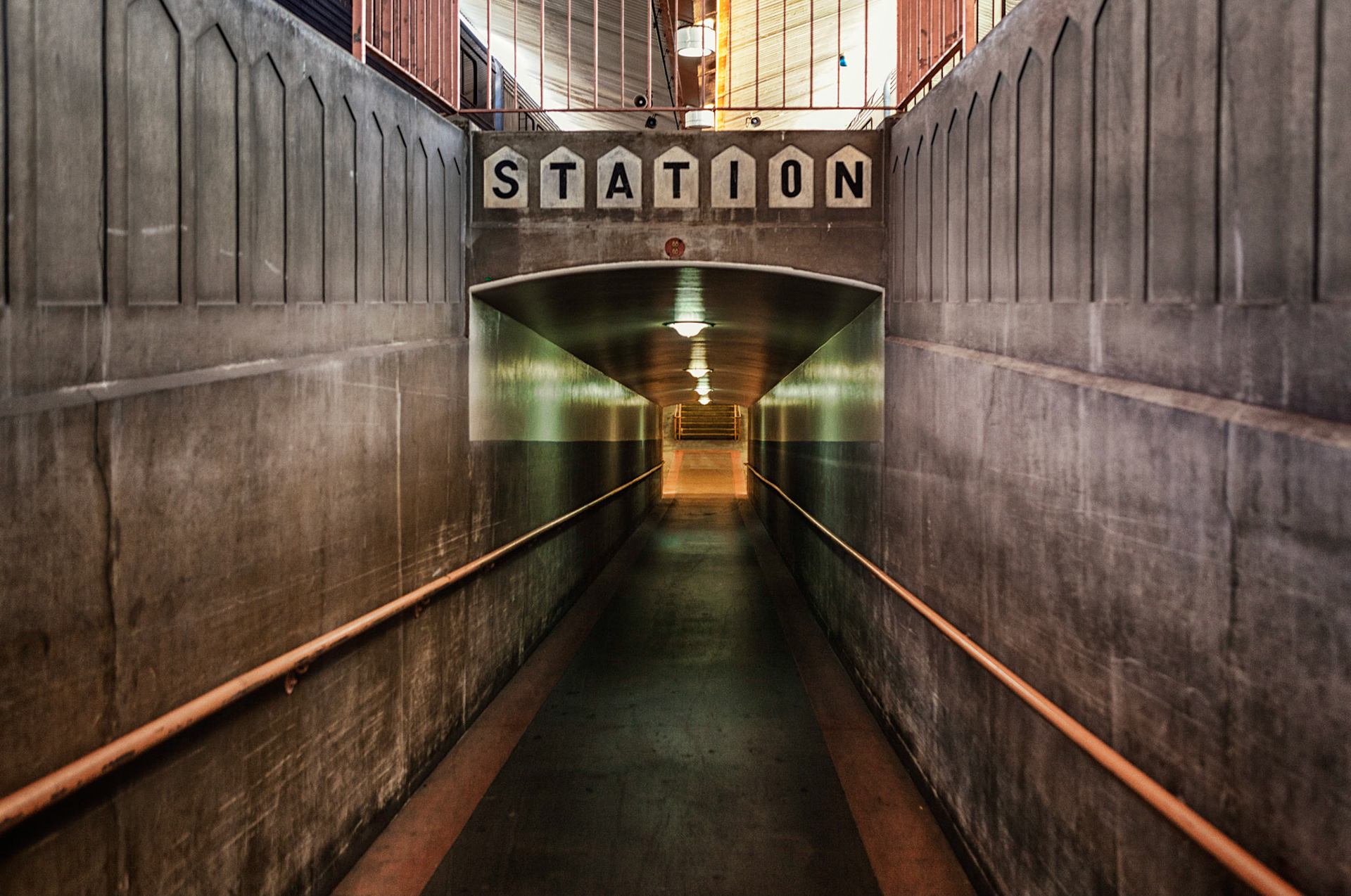 Union Station, Los Angeles, CA.  The green was created by the flourescents, while detail extraction and color toning created more depth in the walls. Photo by Ming Lo