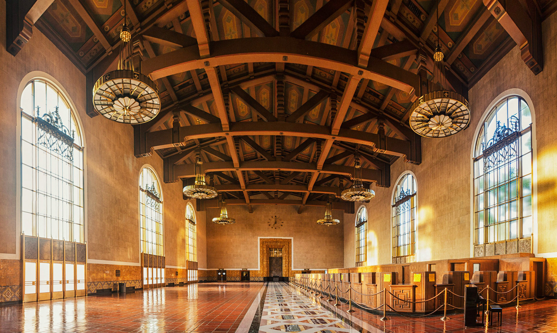 The beautiful Old Ticketing Hall at Union Station in Los Angeles, California.  Twelve exposure panorama, handheld.  Photography by Ming Lo