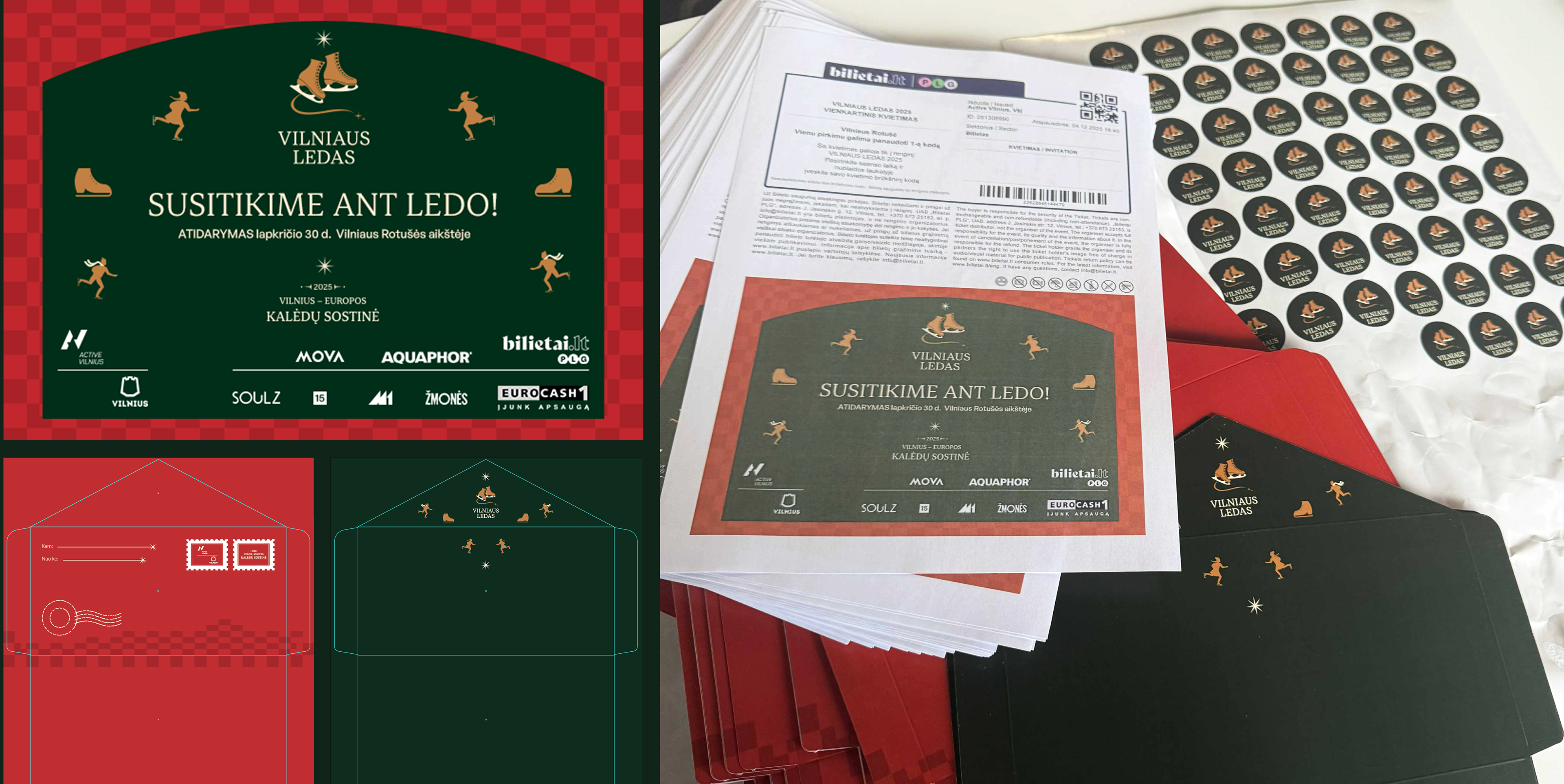 Tickets, envelopes and stickers designed based on existing brand identity.