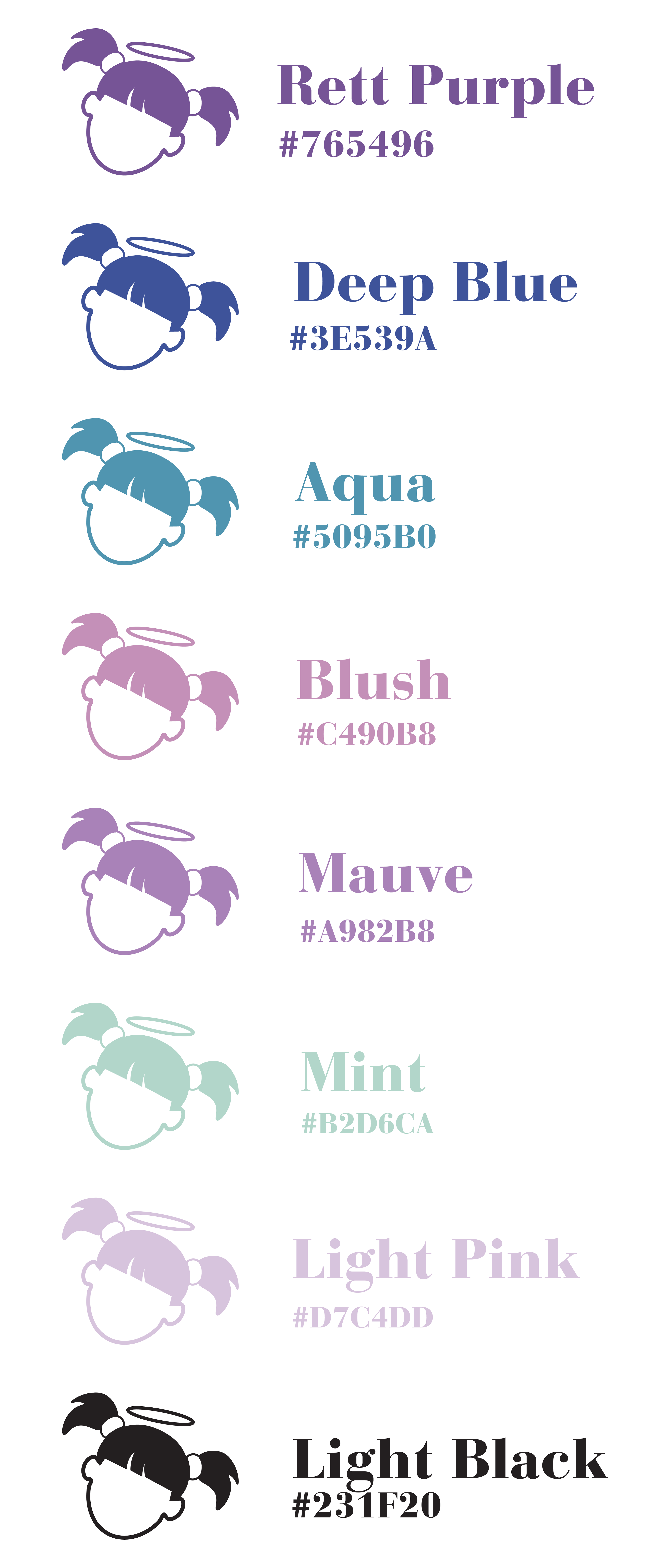 Color choice was vital to properly represent the Rett Syndrome community through the Rett Angel’s brand. Because the main color for Rett Syndrome is purple, I based the secondary colors off of a purple foundation to help fit the brand.