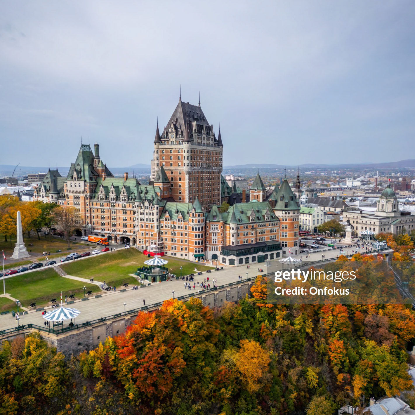 Quebec City, Quebec, Canada - 2022-10-12 : Aerial View of Quebec City and Chateau Frontenac Hotel, Canada in Autumn Season.