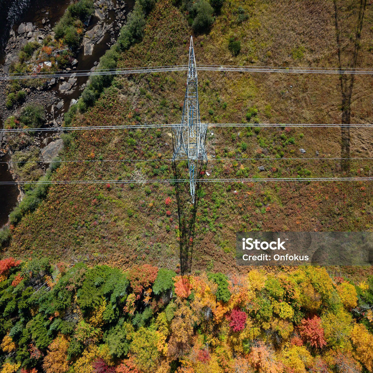 Aerial view of Power Lines during Autumn season.