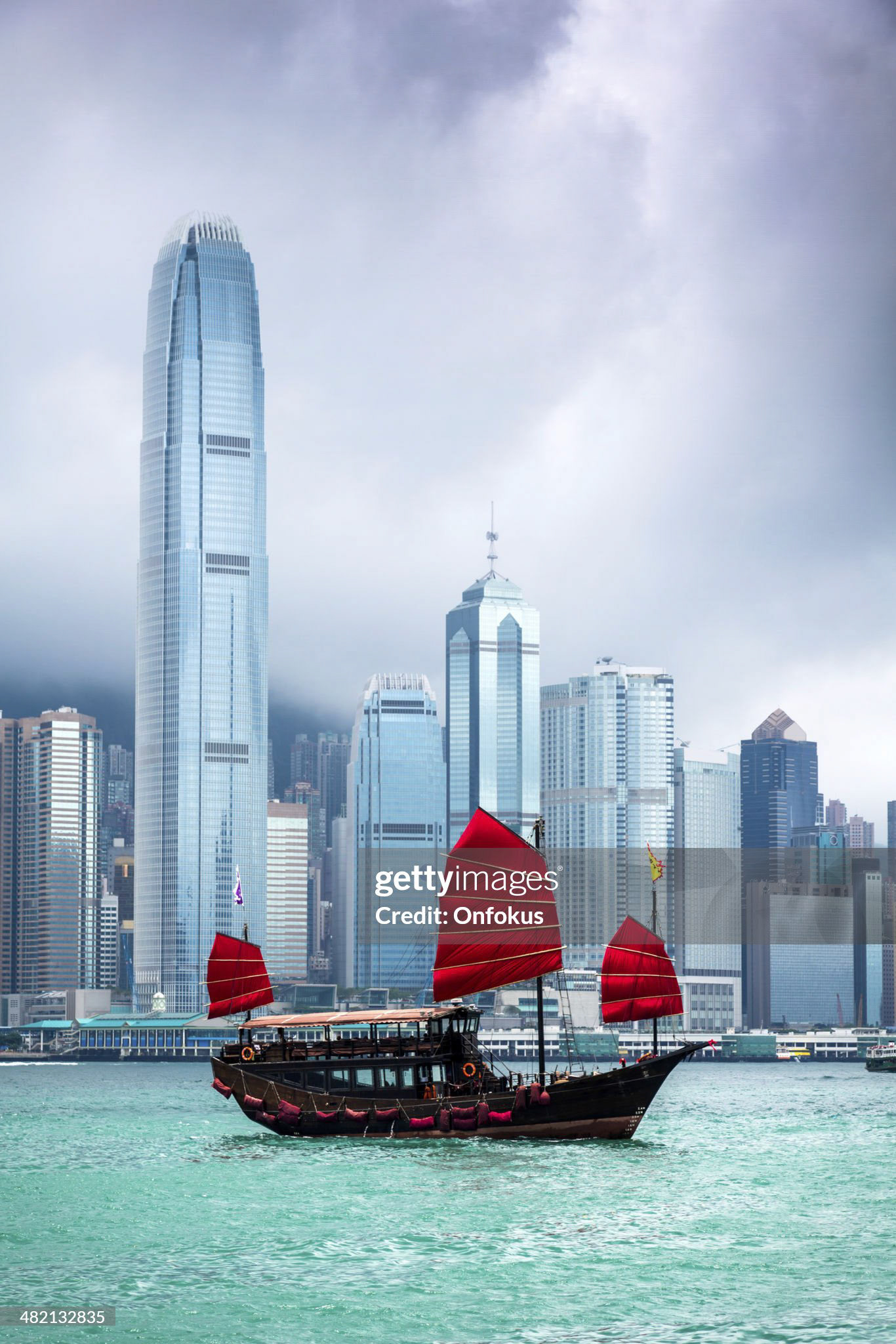 Traditional Chinese Junkboat sailing across Victoria Harbour, Hong Kong