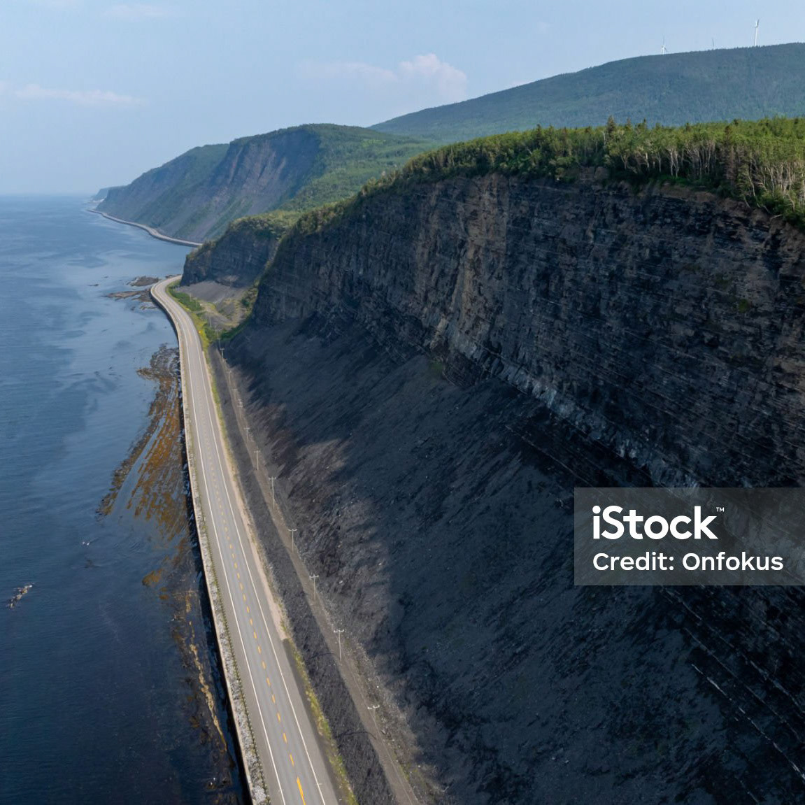 Aerial View of Highway 132 along St. Lawrence River In Gaspe Peninsula, Quebec, Canada during Summer.