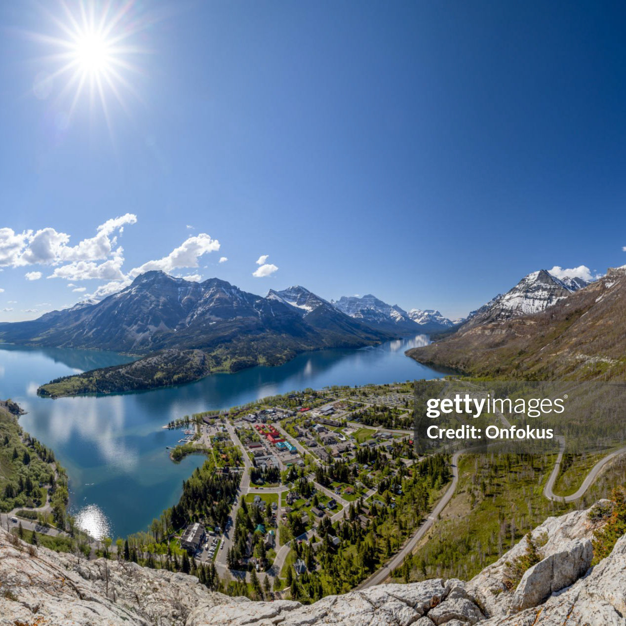 Stitched Panorama of the City of Waterton Lakes National Park During the Day, Alberta, Canada. View from Bear?s Hump trail lookout.