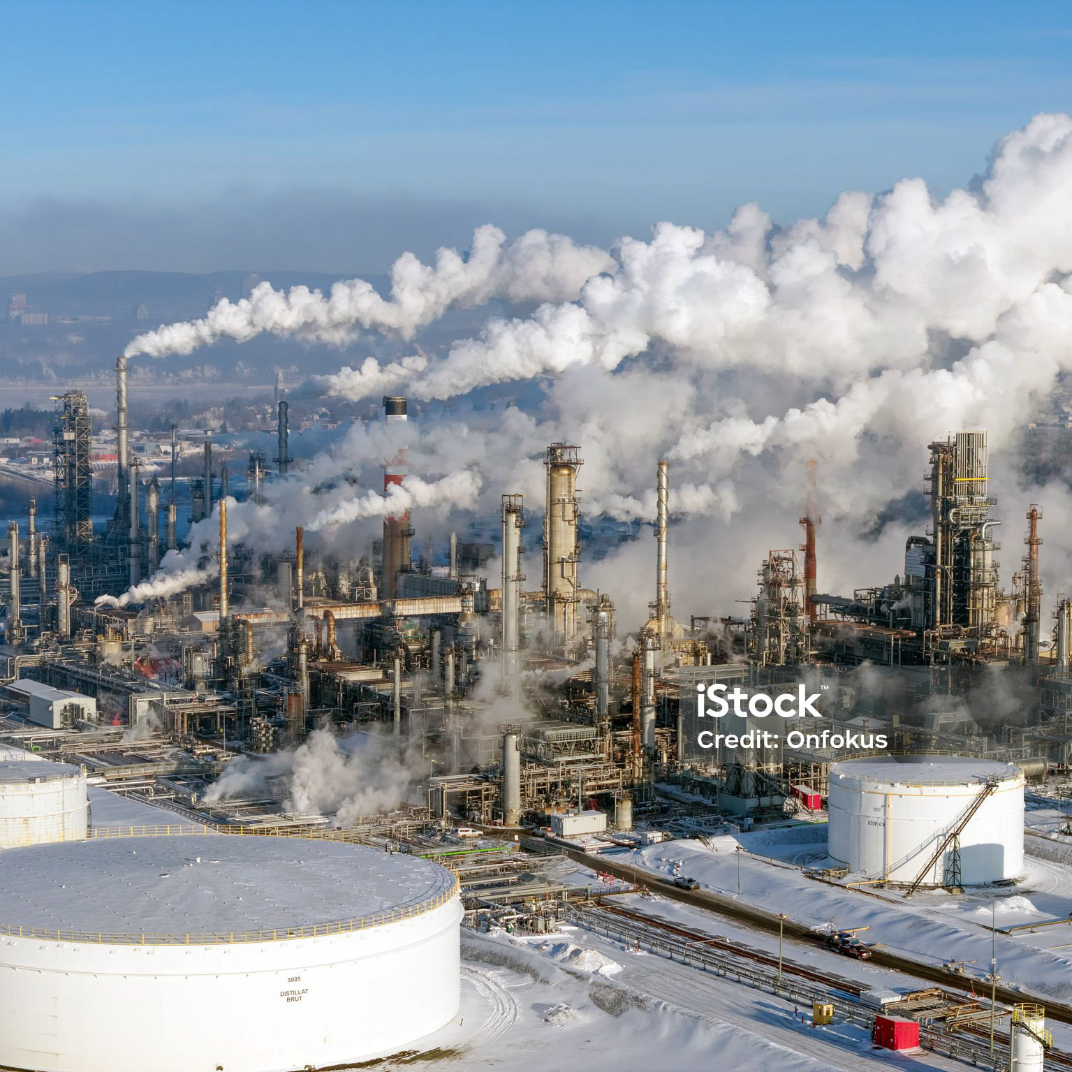 Aerial View of an Oil refinery and chemical plant in large industrial area, Quebec, Canada