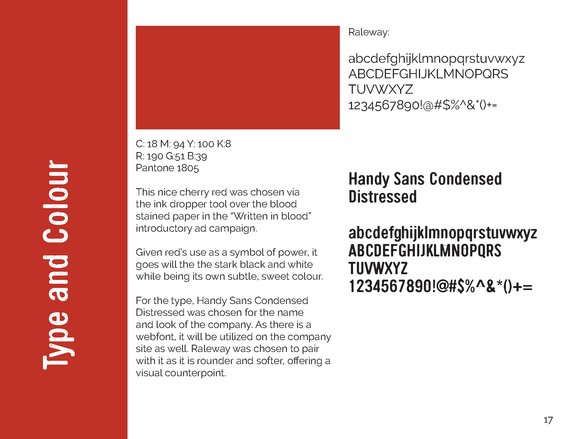 Type and colour guide, highlighting the use of Raleway and Handy Sans Distressed