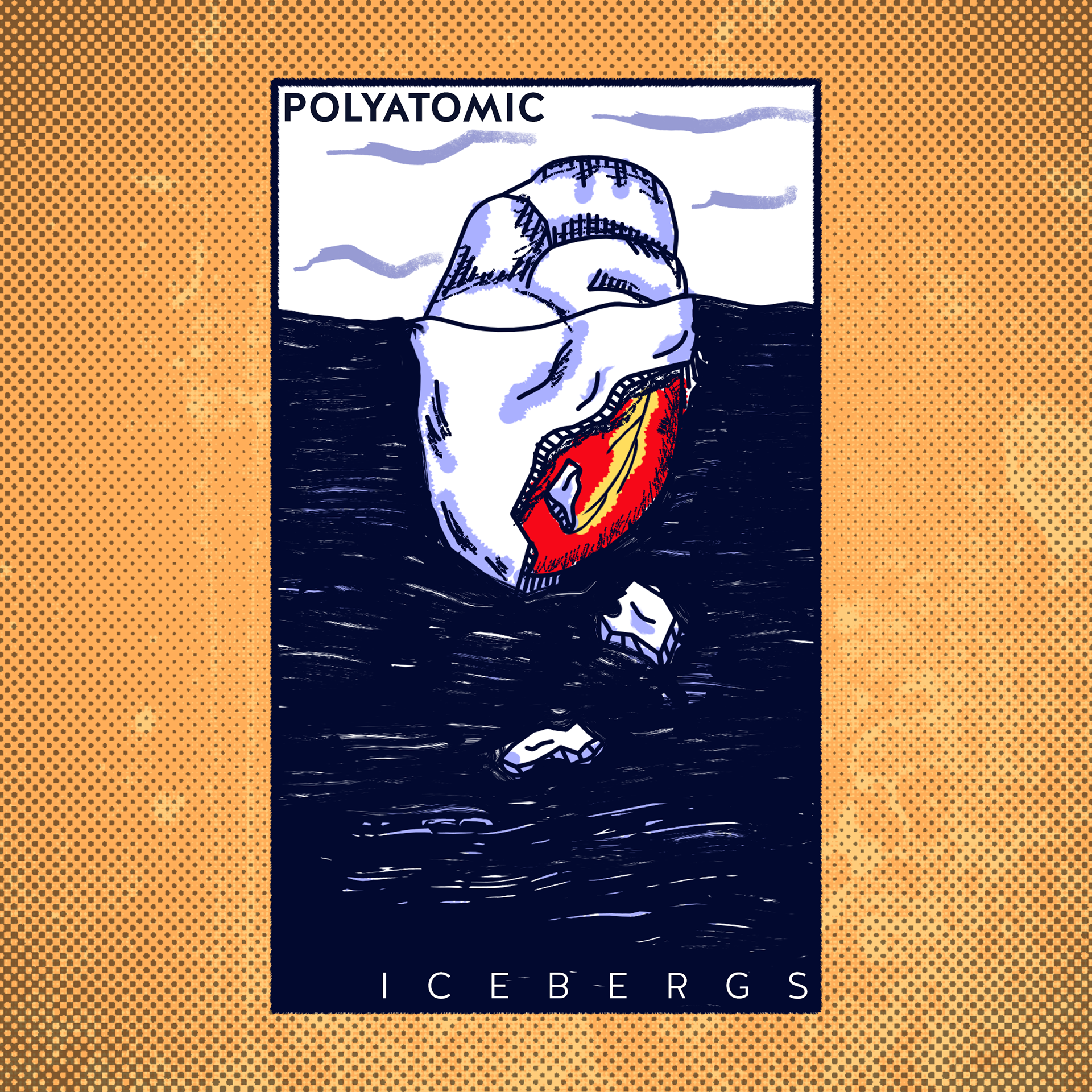 A heart under an iceberg, floating in an illustrated ocean. This is the front cover of Icebergs by Polyatomic.