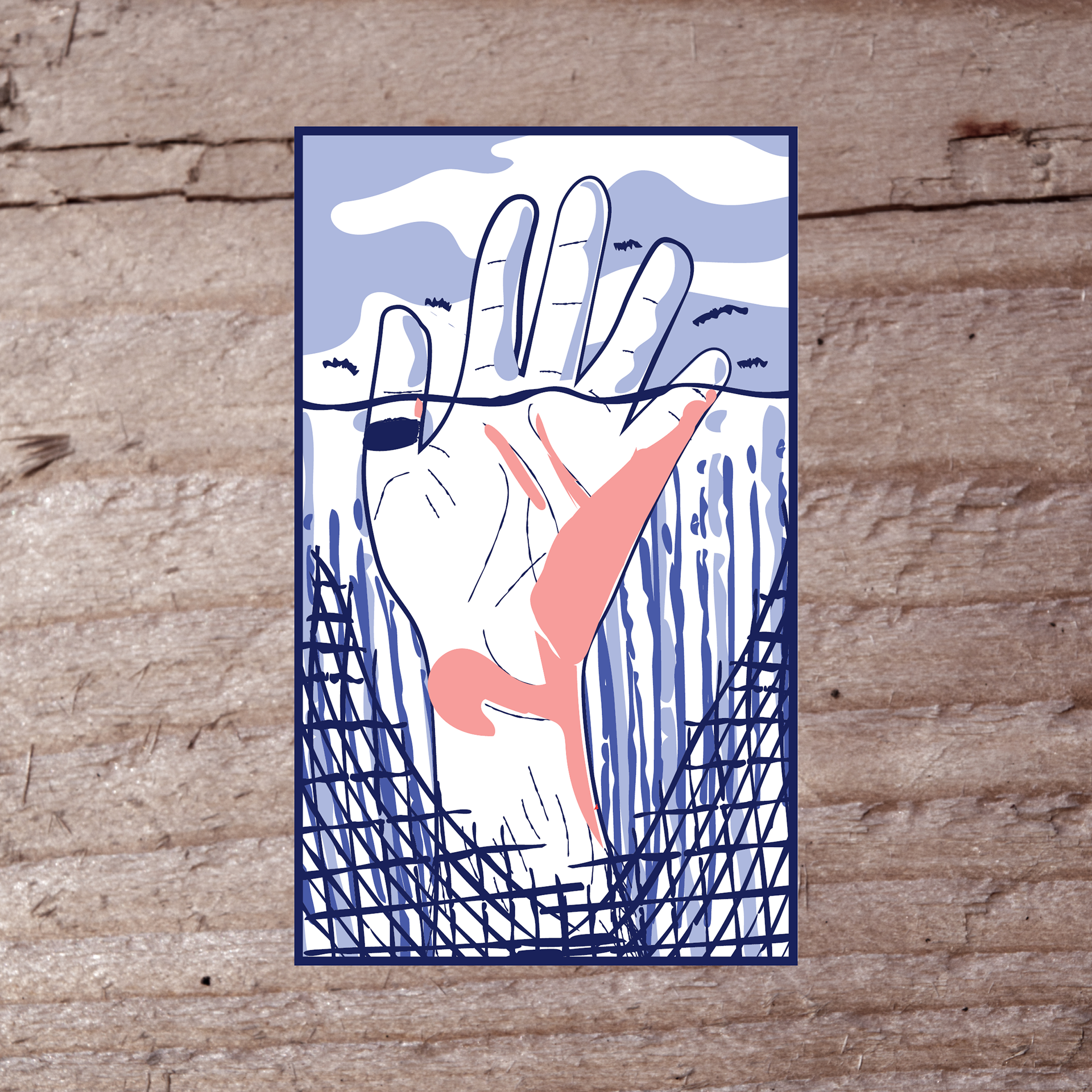 A drawing of a hand reaching up over wood.