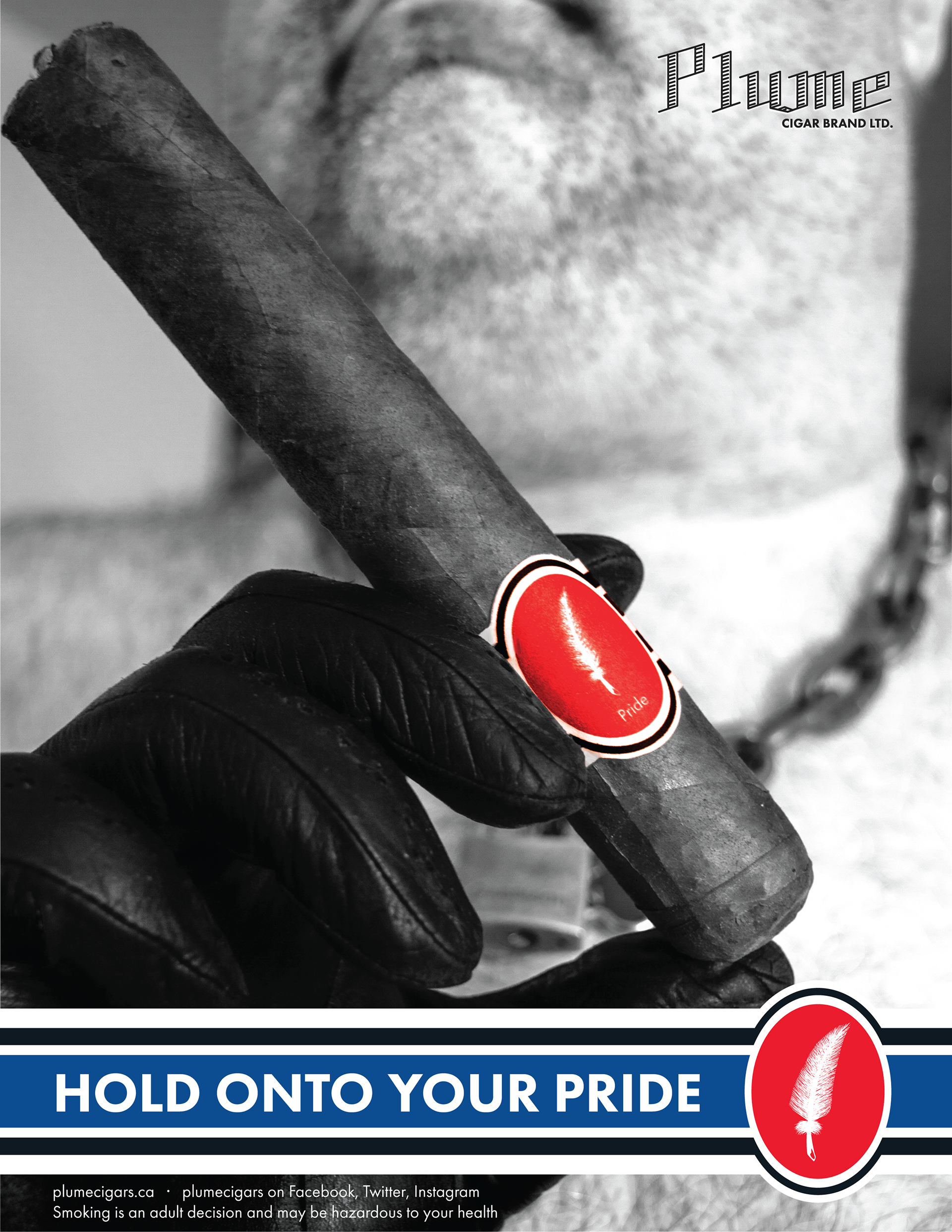 Plume leather pride ad highlighting the leather flag colours on the cigar ring