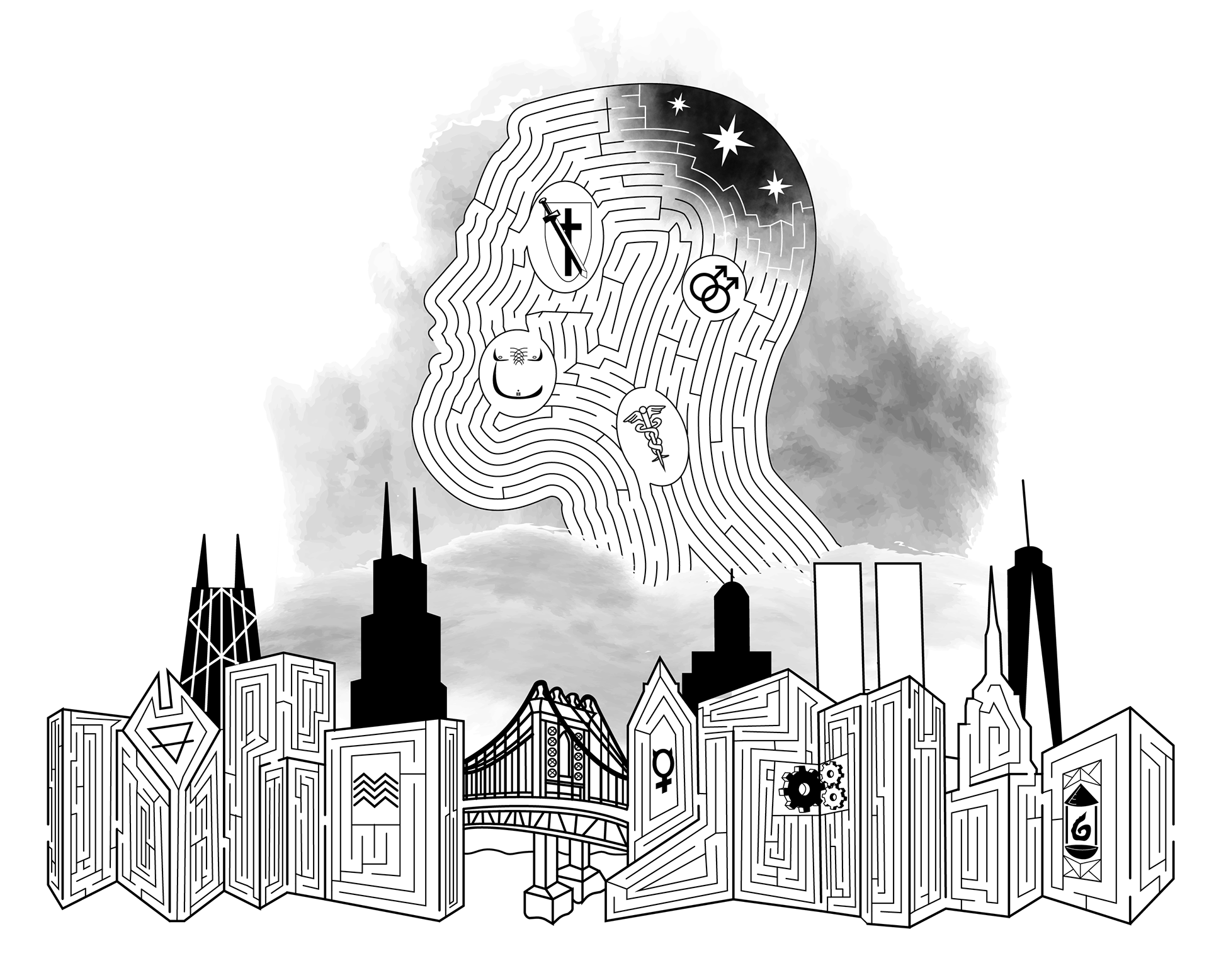 2 mazes, the upper being an outline of the client's profile, and the bottom being a mixture of buildings in New York and Chiciago