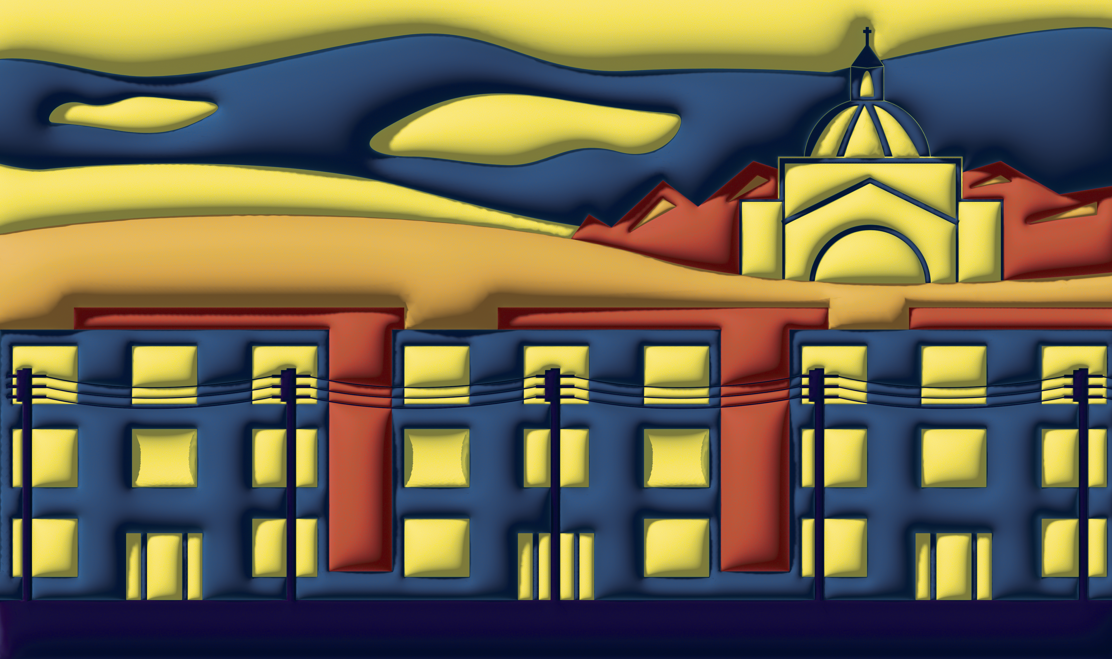 Another inflated drawing to give this simple drawing of my neighbourhood a soft, quilt-like feeling.