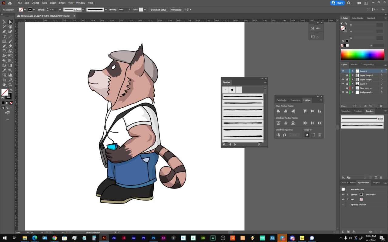 The trash panda outlined in Adobe Illustrator.