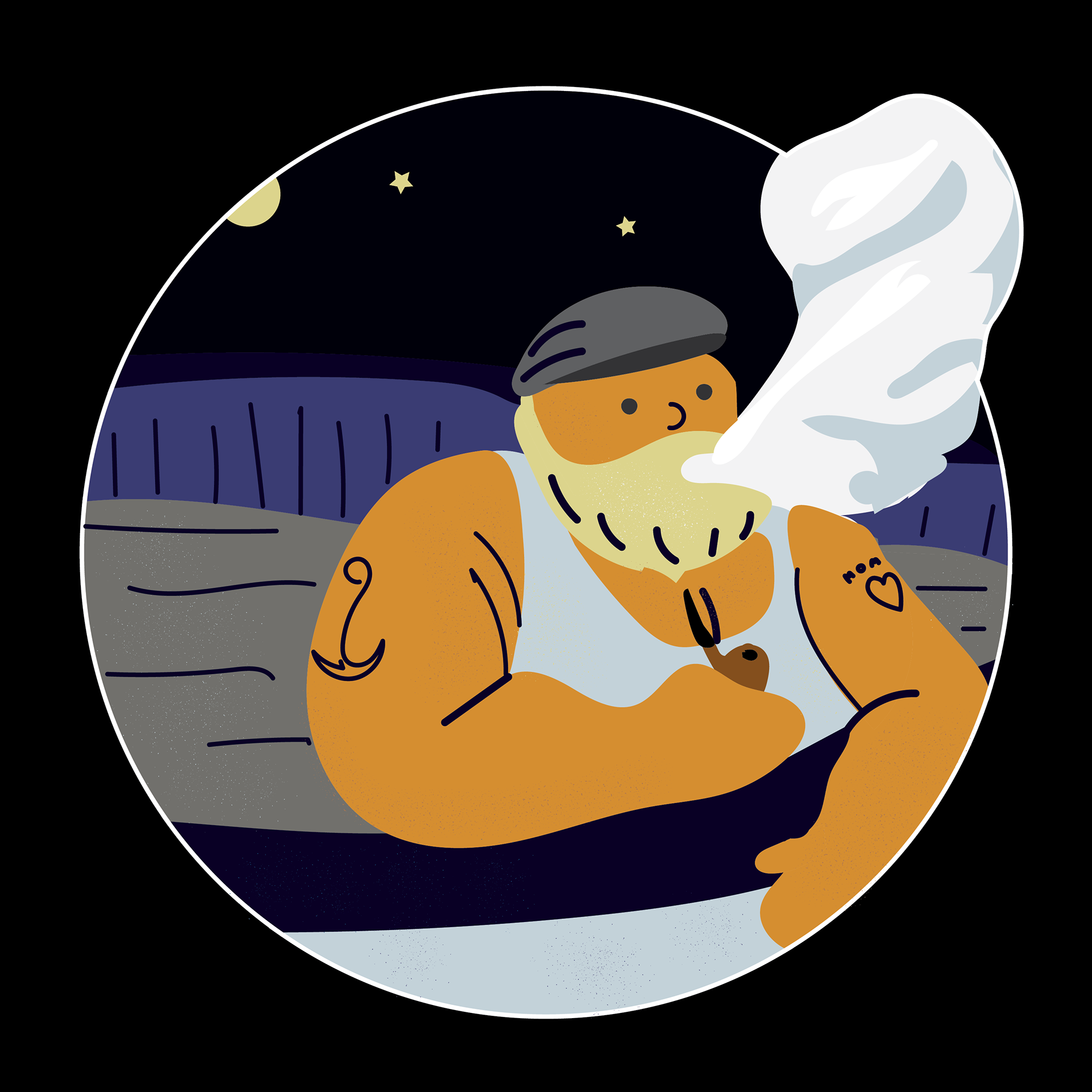 A quick drawing of a bearded sailor smoking a pipe