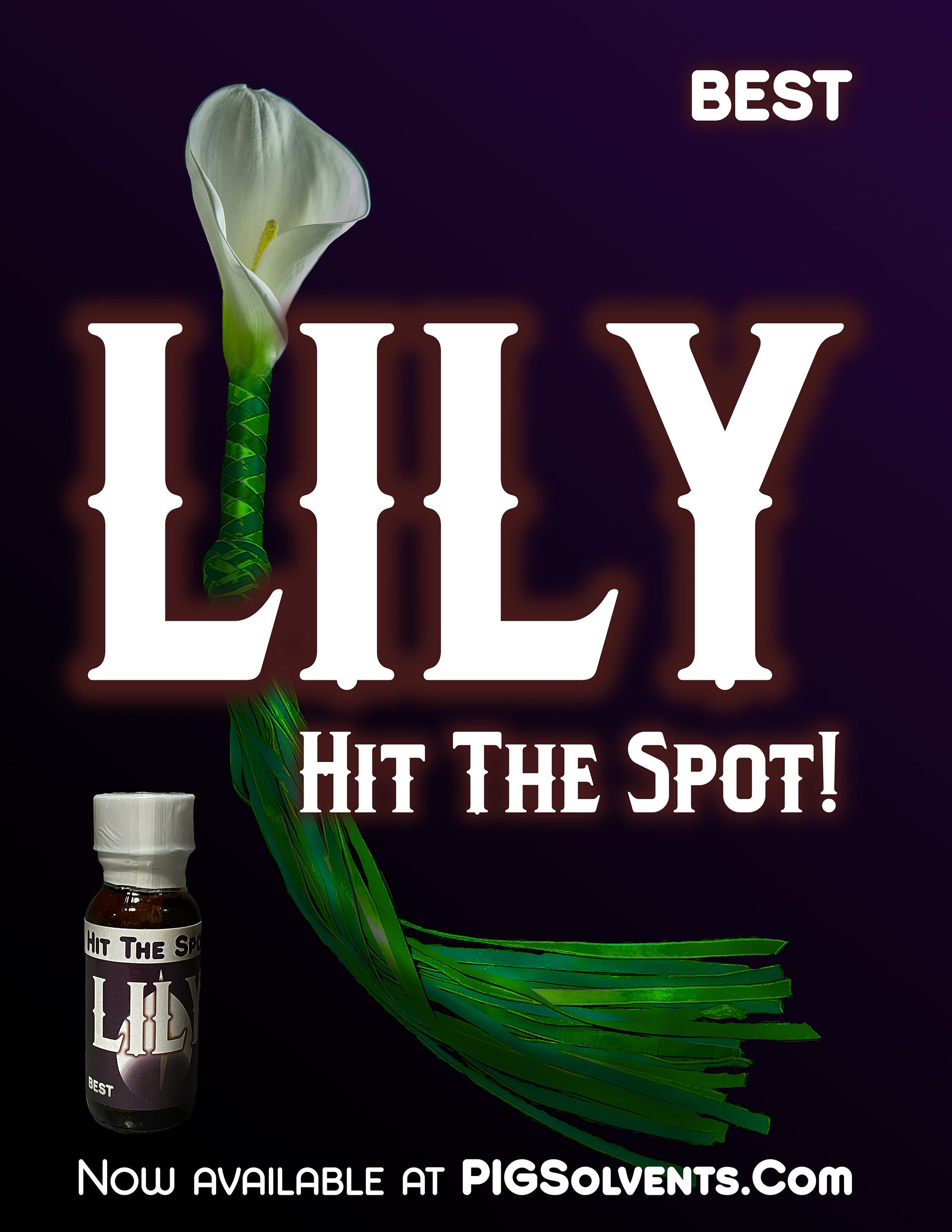 An ad for Lily that combines a lily with a green flogger to highlight a BDSM connection to the brand.