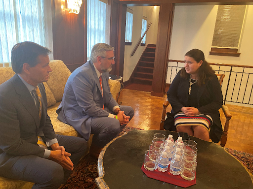 Gov. Eric Holcomb and Sec. Brad Chambers meet with Ukrainian Ambassador Oksana Markarova in Washington D.C. on March 9, 2022.