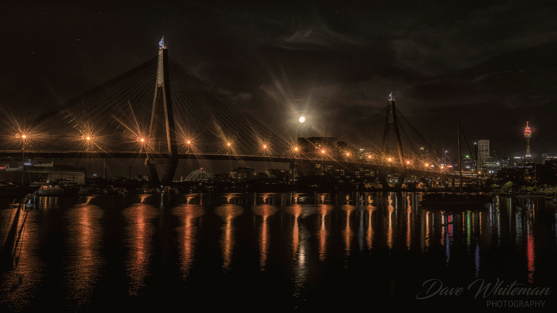 Moonrise over the Anzac Bridge and Blackwattle Bay, Sydney Harbour.
