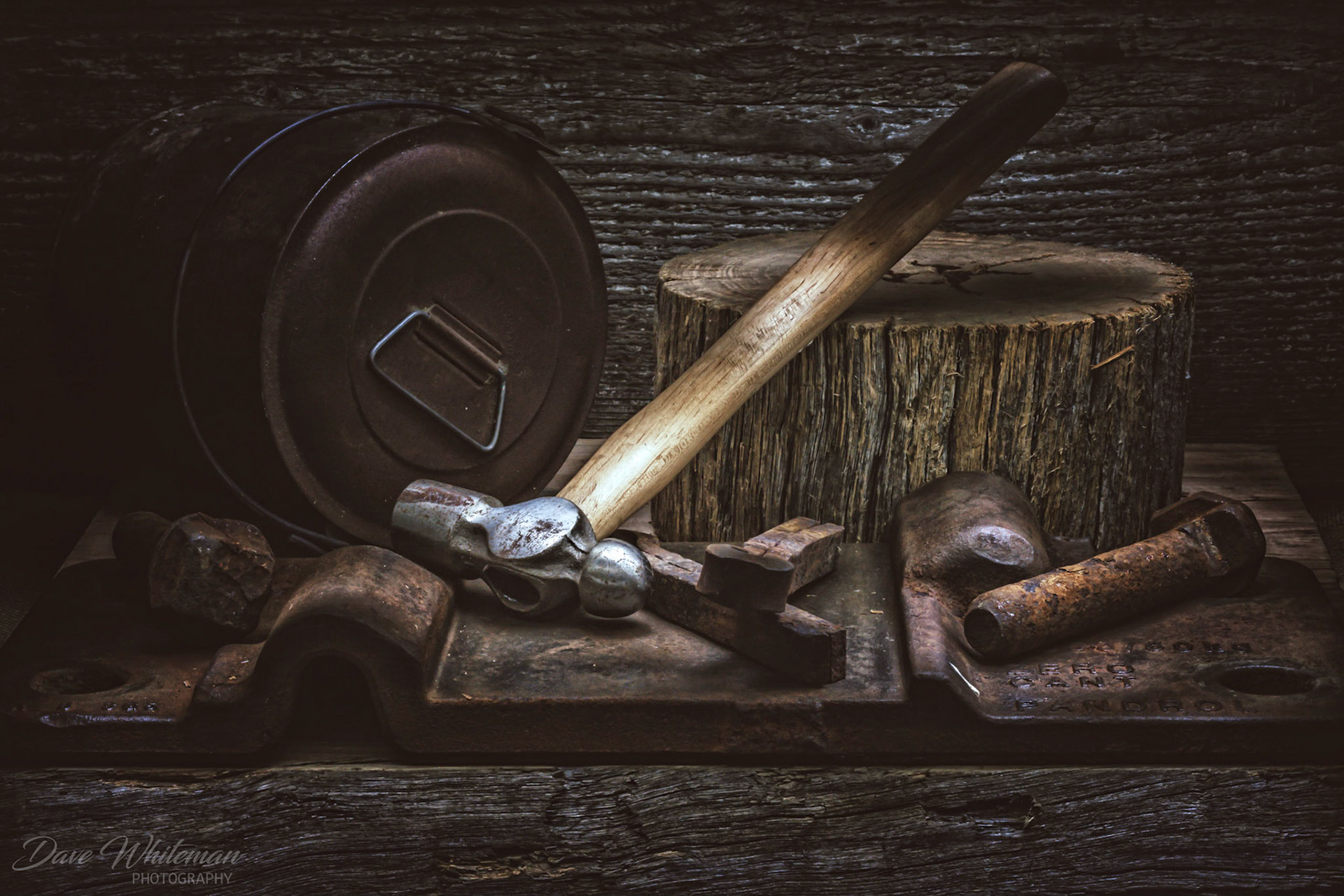 Light painting old railway ties and billy can, the tools of the railway navvy in years gone by.