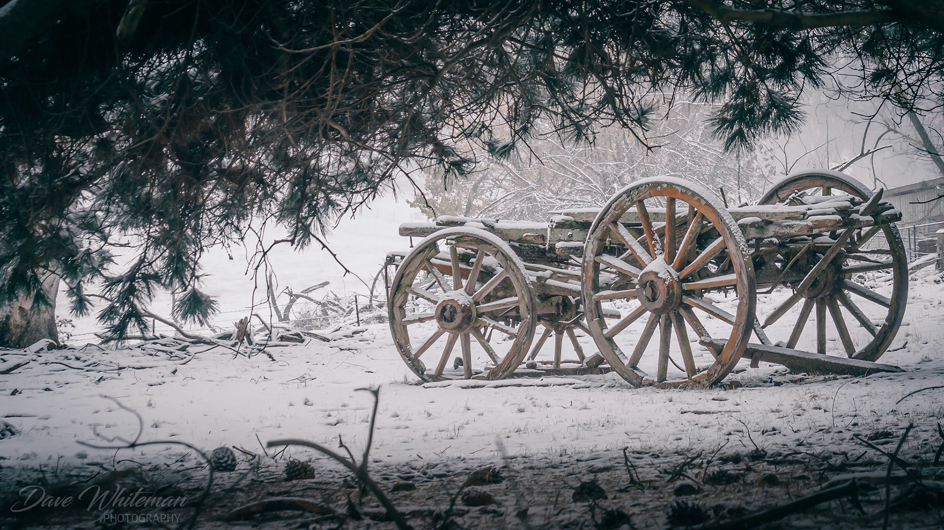 An old dray sits in the first snow of the season.
