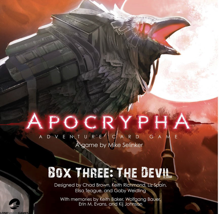 The last expansion for the Apocrypha card game box drives the color story to its most dramatic, while retaining the seamless wrap-around continuous image to align with the set as a whole for maximum shelf presense