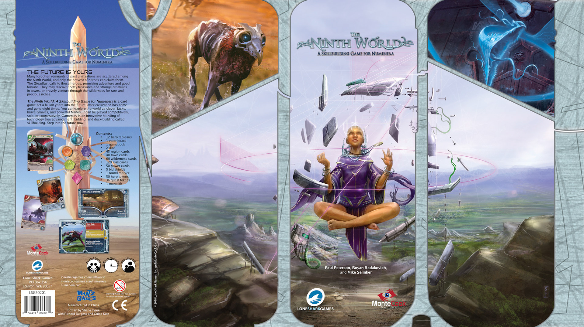 The Ninth World box wraps an obelisk-like tall box with magnetic closure. Asymmetric geometric divisions drive the sci-fi theming.