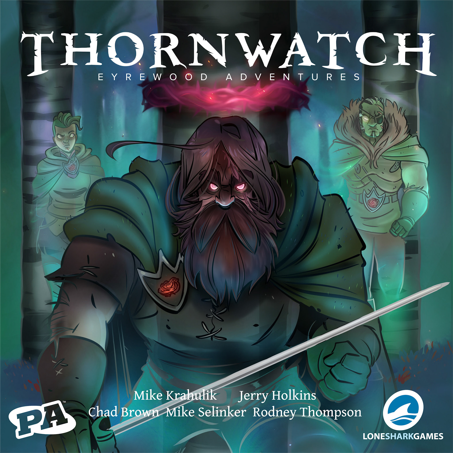 the Thorwatch packaging features illustrations chosen to appeal to fans of Penny Arcade, while pulling through the trend theme teal and magenta palette