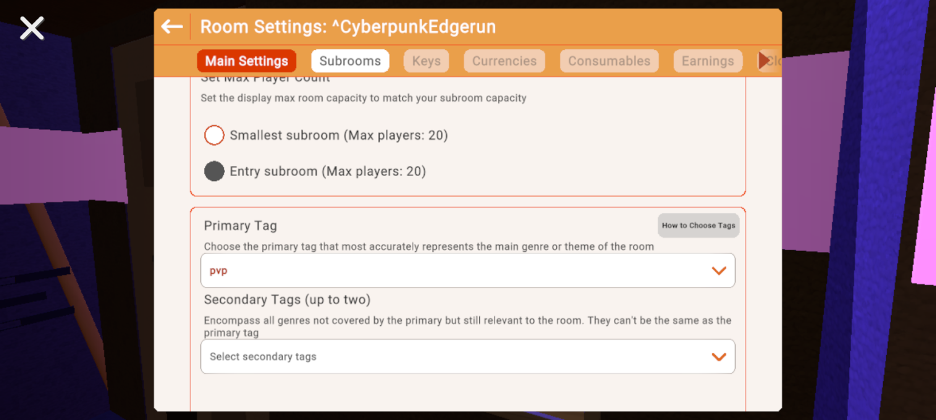 The room settings pages in Rec Room are expandable to contain complex options, but accessible  to younger users