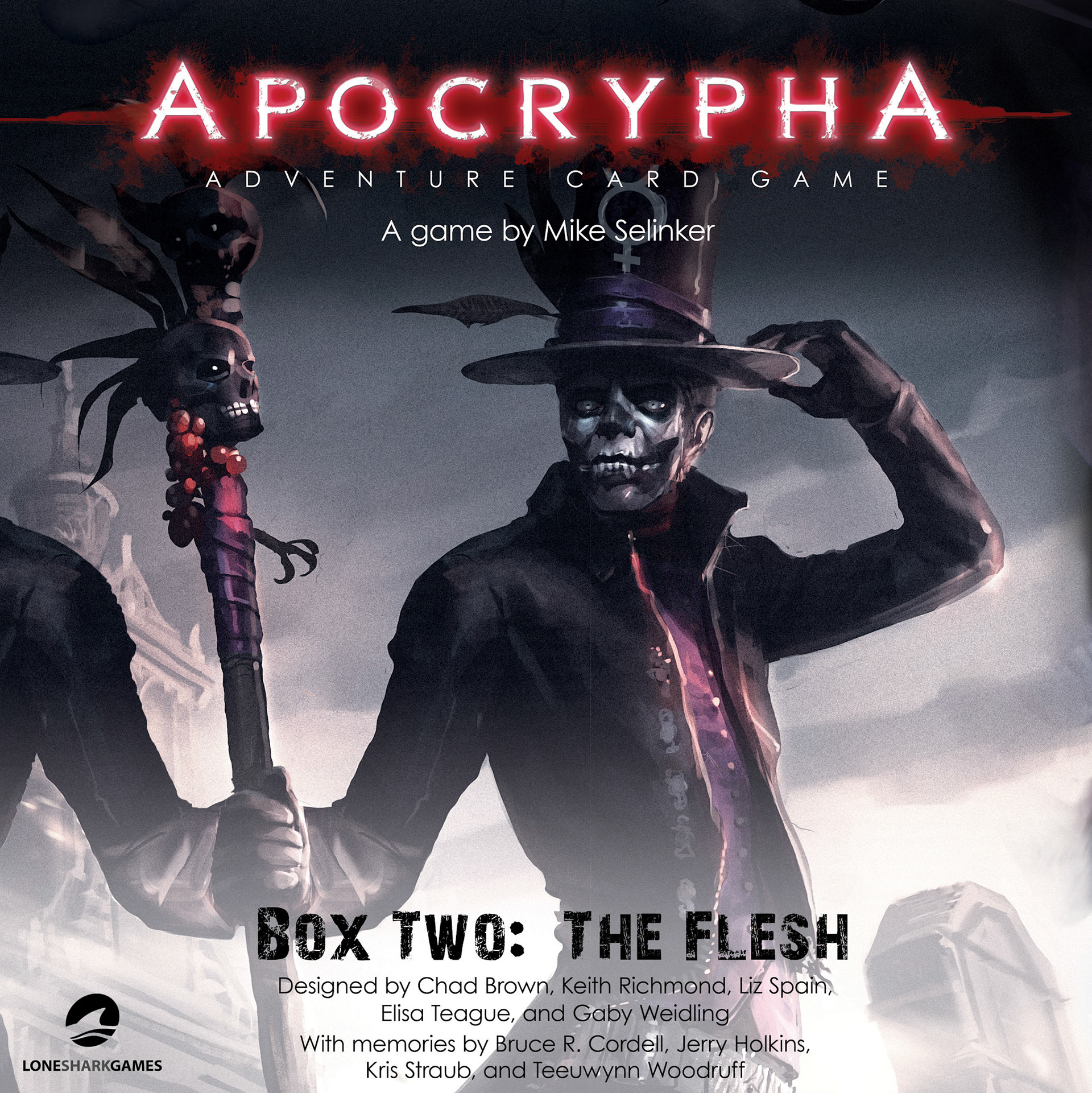 The first expansion for the Apocrypha card game features a thematic illustration tuned to fit the color story of the original box, carefully mirrored around the sides of the box for a seamless image