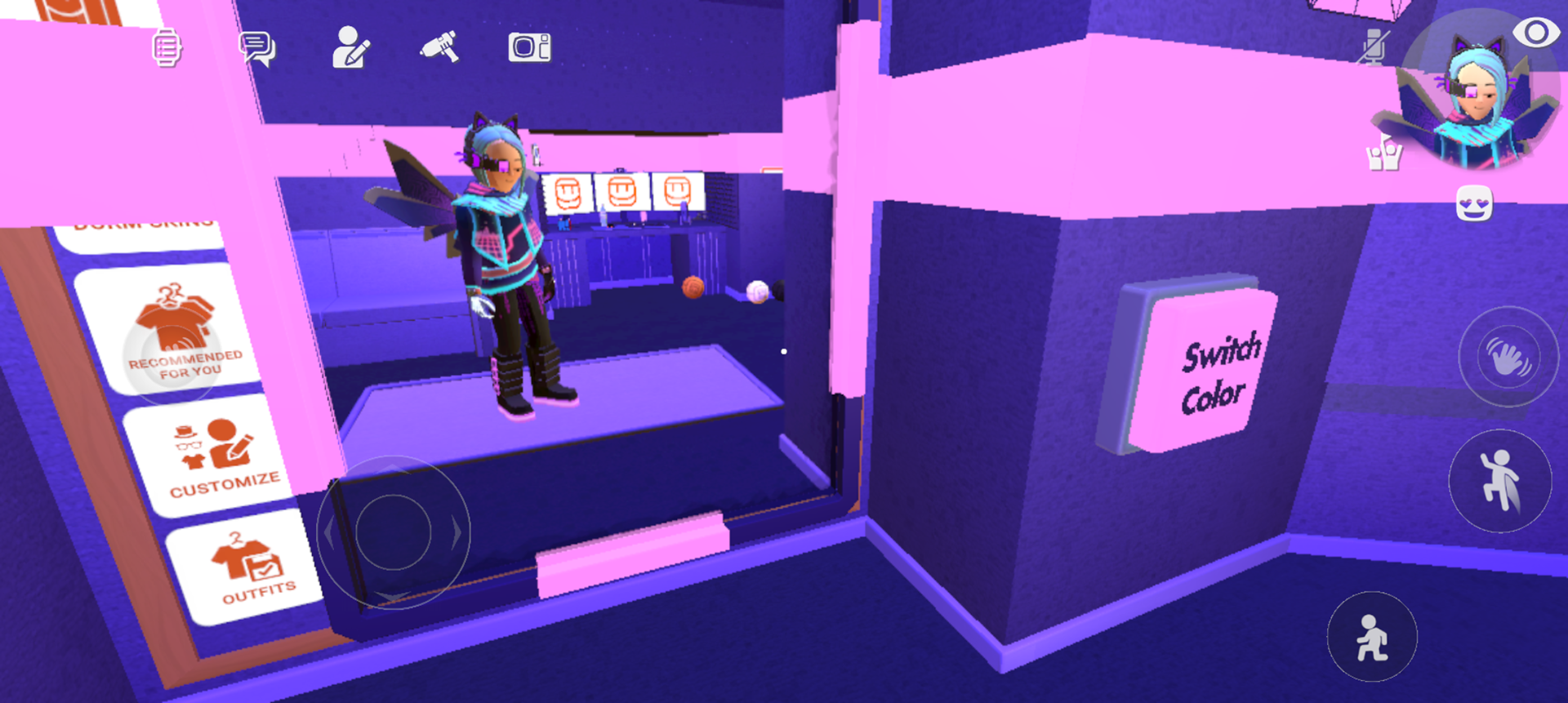 Mobile platform (iOS & Android) HUD controls for Rec Room with expressive motion control anchoring and social features in a picture-in-picture view