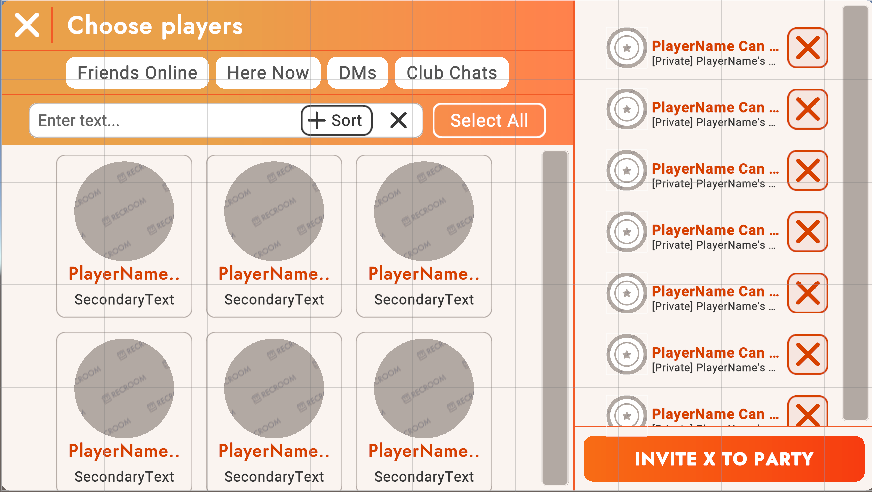Mockup of the "Invite to Party" menu in Rec Room, allowing players several avenues of finding others to create depths of social connection in a live multi-player game