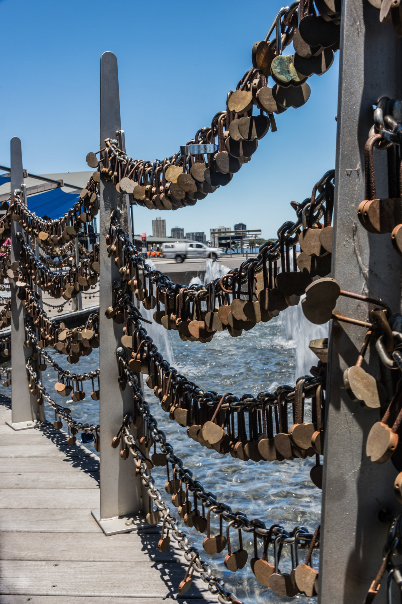 Padlocks on chains near Bell Tower, Perth, Australia