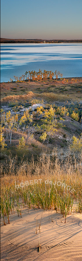 Autumn, sleeping here point, ice, Manitou Passage, grasses, poplars, lighthouse
