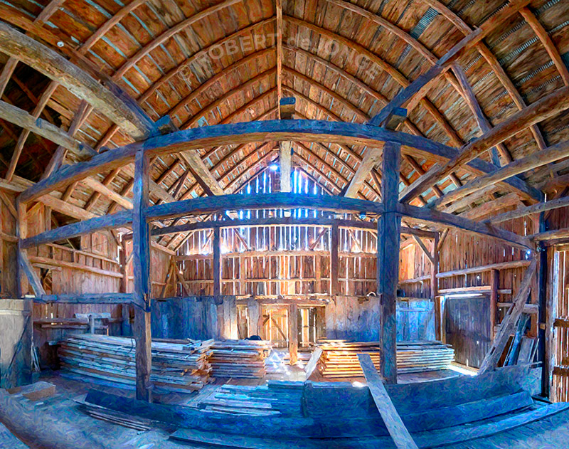 Miller Barn, Port Oneida, Interior, stored lumber, sunlight