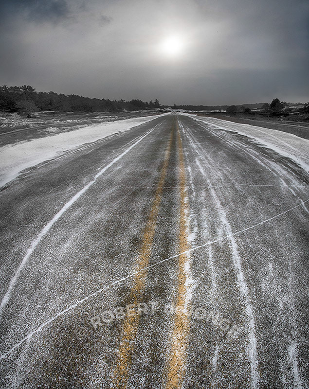 Winter, paved road, sun, monochrome, sturgeon Bay, Michigan