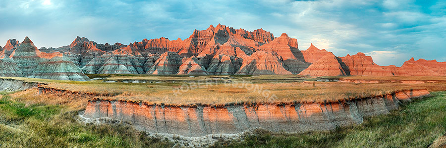 The Badlands, evening, sunset, crevasse, colors. National Park, South Dakota, panorama