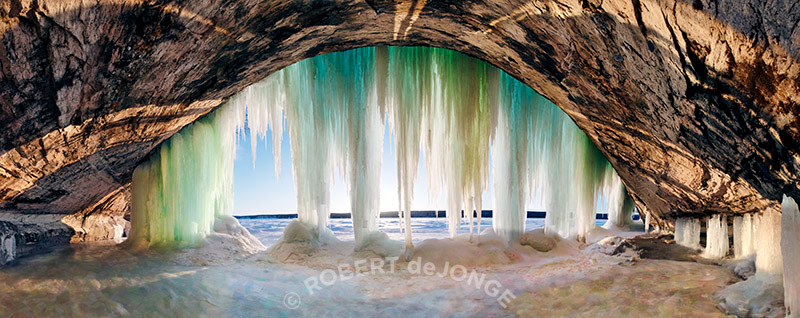 Ice cave, room, seeping water, frozen, minerals, Grand Island, limestone, Munising, Michigan, Lake Superior, wide angle, panorama, backlit