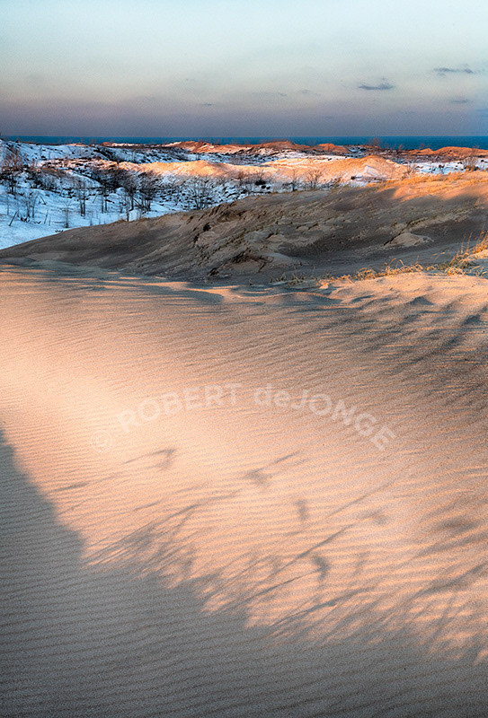 Sleeping bear point, Grass, shadows, winter, sunrise
