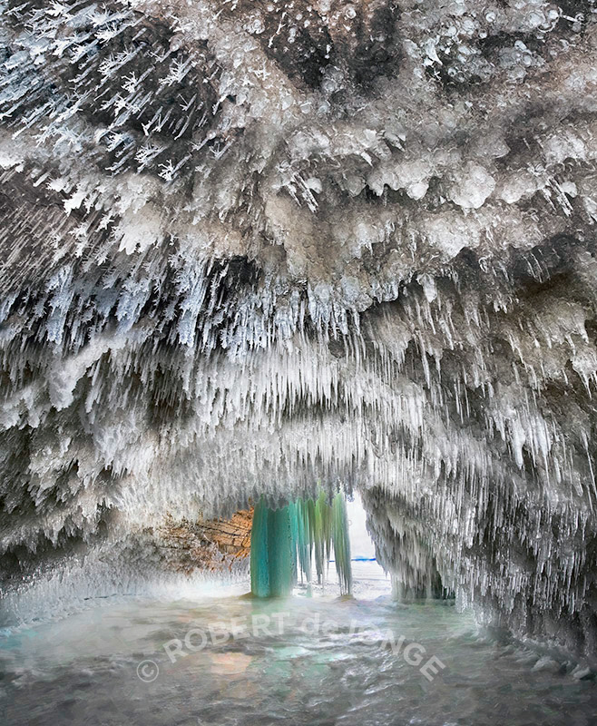 Ice cave, room, seeping water, frozen, minerals, Grand Island, limestone, Munising, Michigan, Lake Superior, crystals, frost
