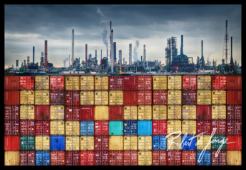 Container ships and refineries at the port of Antwerp, Belgium