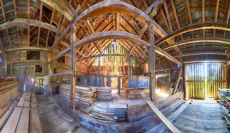 Barn Interior Panorama, light, beams, structure, old, storage, 180°