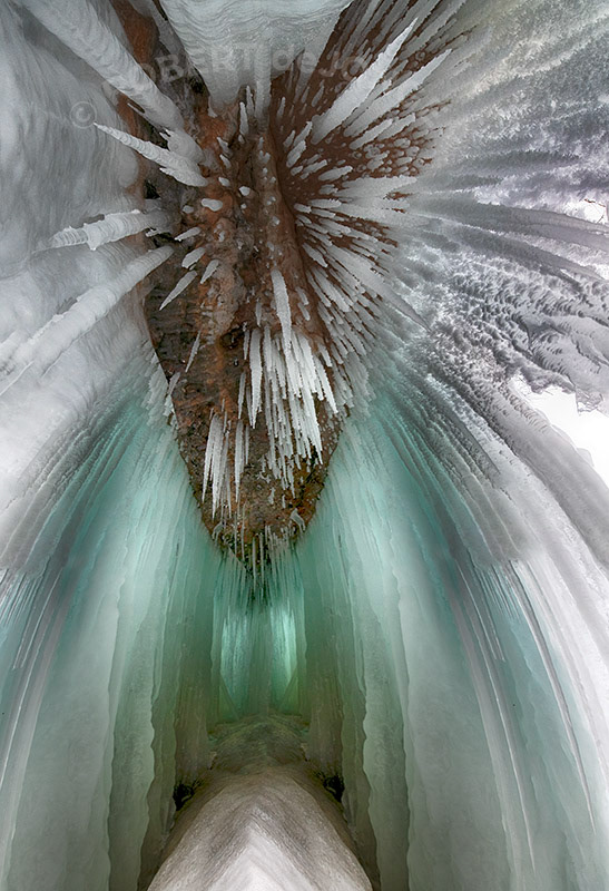 Ice cave, room, seeping water, frozen, minerals, Grand Island, limestone, Munising, Michigan, Lake Superior