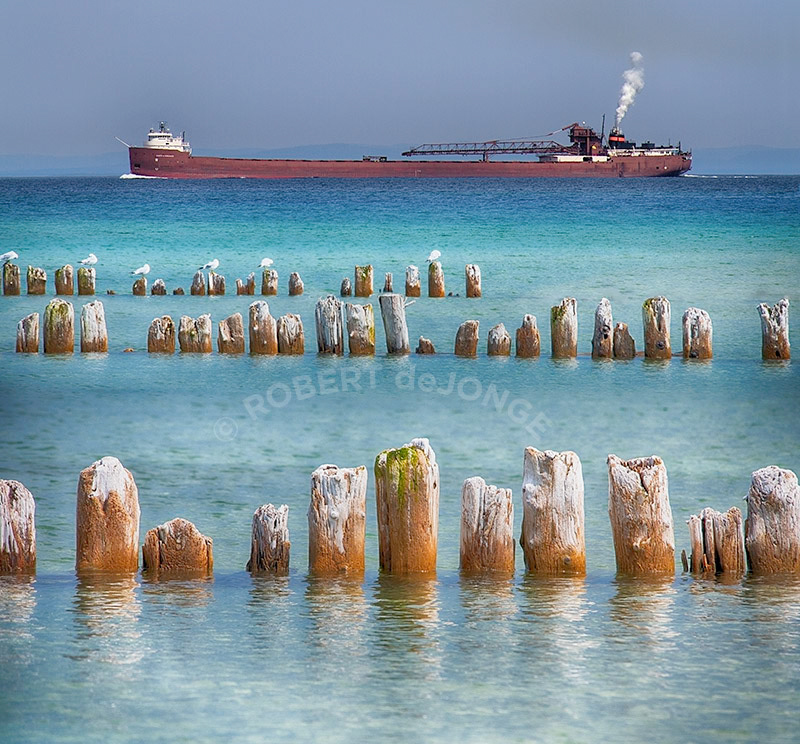 Lake boat, steamship, Lake superior, pilings, whitefish point, seagulls, Soo locks